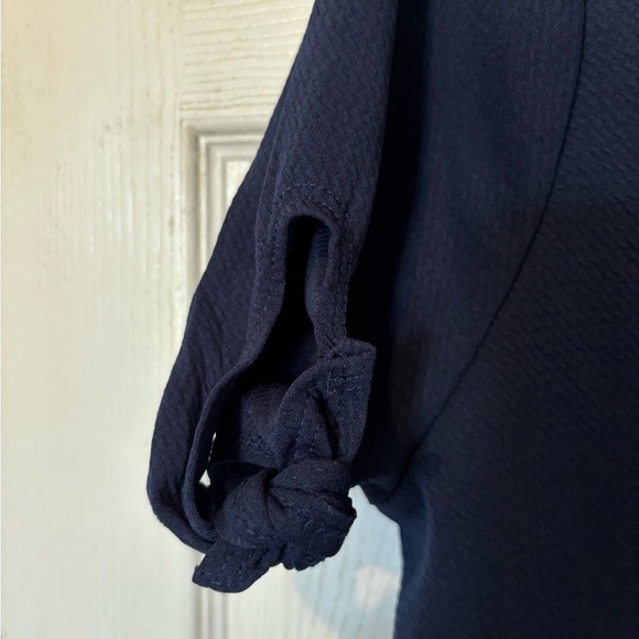 NWOT Love Ryan Navy Textured Knit Top with Knotted Tie Short Sleeves - Picture 2 of 5